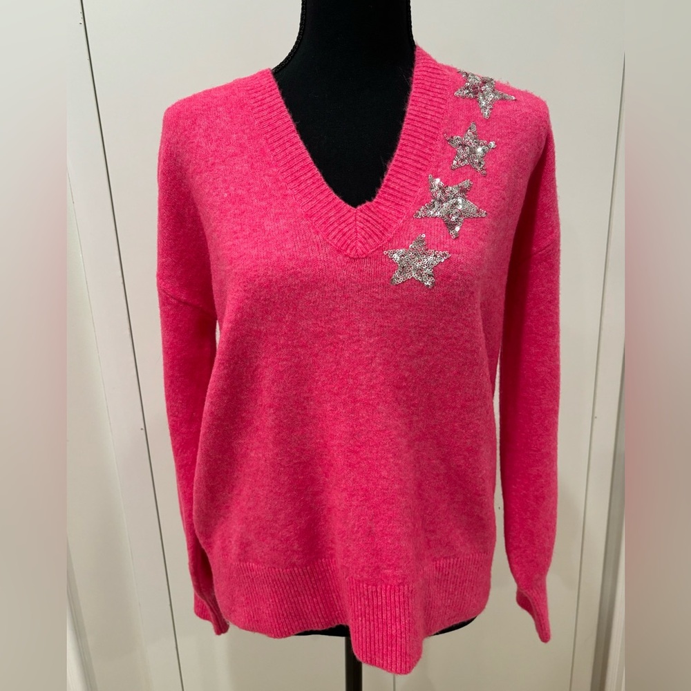 Pink V-Neck Sweater with Silver Star Accents